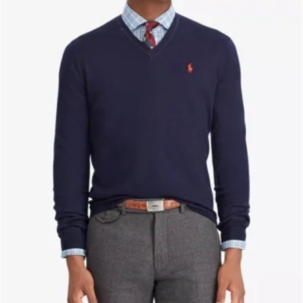 Polo by Ralph Lauren Men's Dark Blue V-Neck Sweater-100% Pina Cotton size large